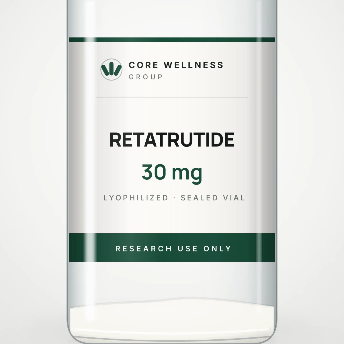 Close-up of a Core Wellness Group printed vial label